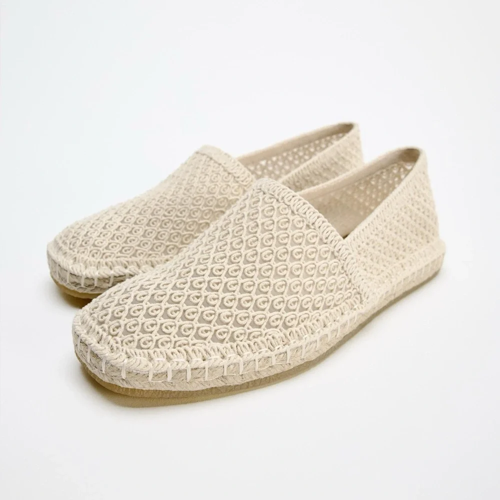 ZARA WOVEN CROCHET TEXTURED SLIP ON ESPADRILLE LOAFER FLATS Cream Ecru 41